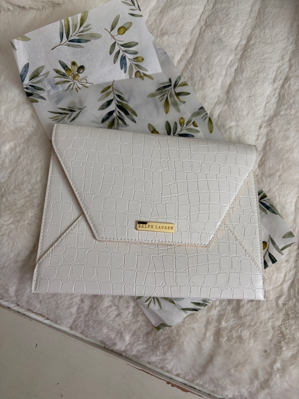 Ralph Lauren White Croc-Embossed Envelope Clutch with Gold Plaque